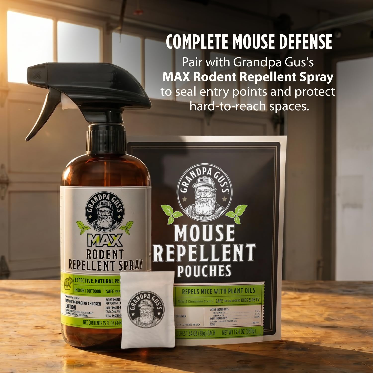 Grandpa Gus's graphic of peppermint and cinnamon oils, emphasizes dual-oil strength