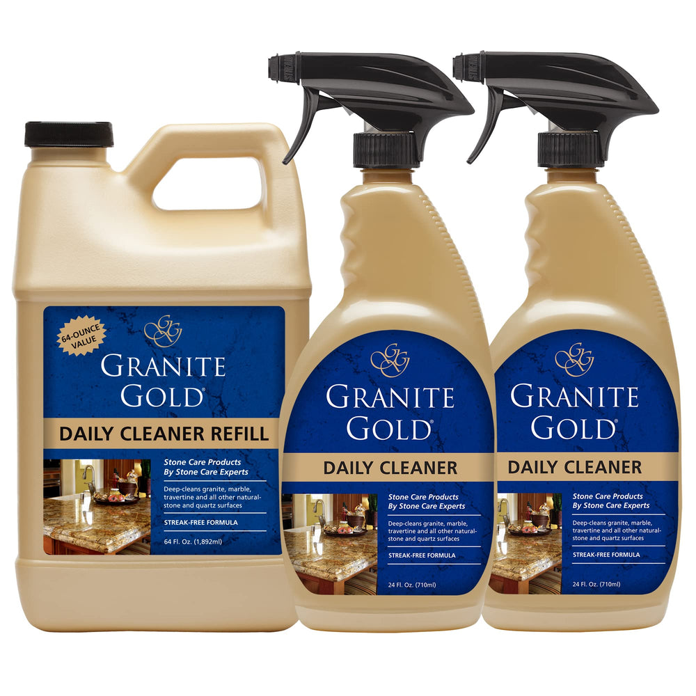 Granite Gold front packaging shows bottles and refill for easy stone care