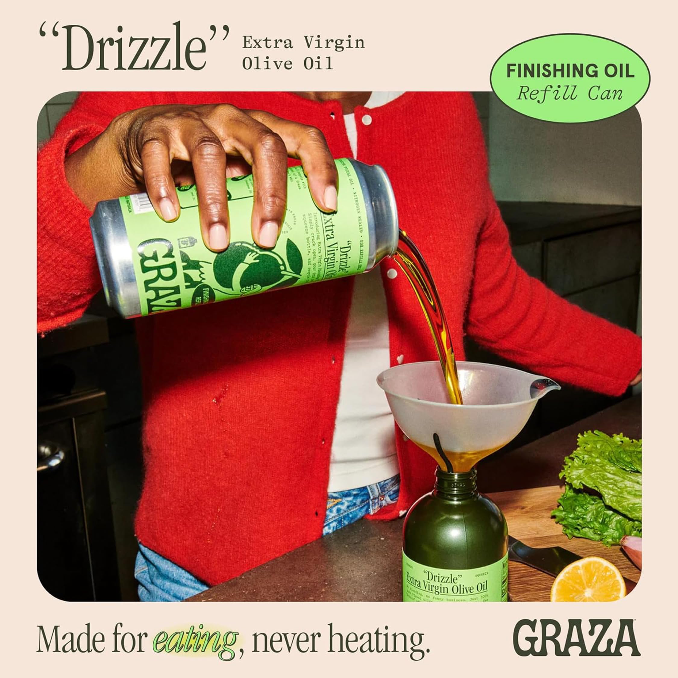 Graza Drizzle close-up of the can spout ready to pour with clean refill convenience benefit
