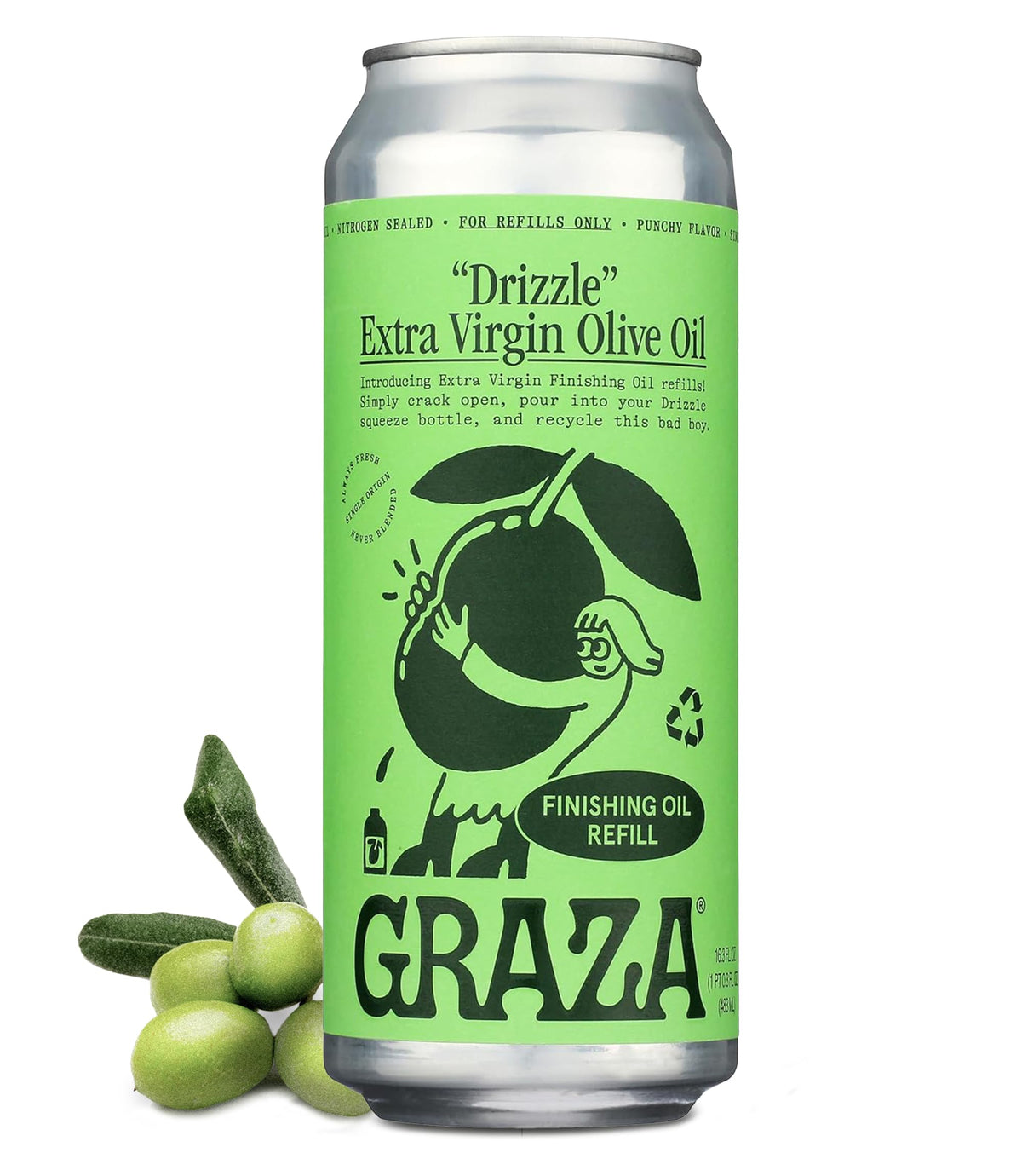 Graza Drizzle refill can front view showing sturdy container and branding benefit: long-lasting freshness