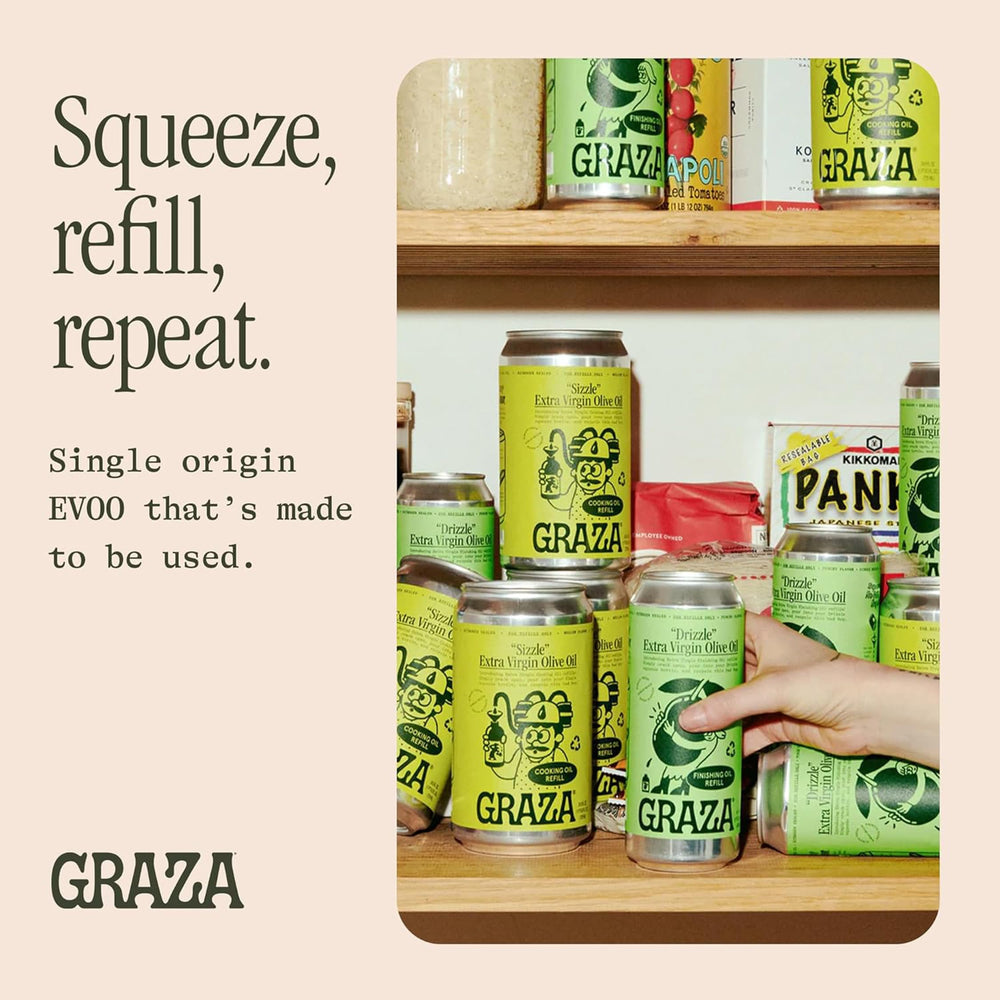 Graza Drizzle on a serving table drizzled on salad showing finishing impact benefit
