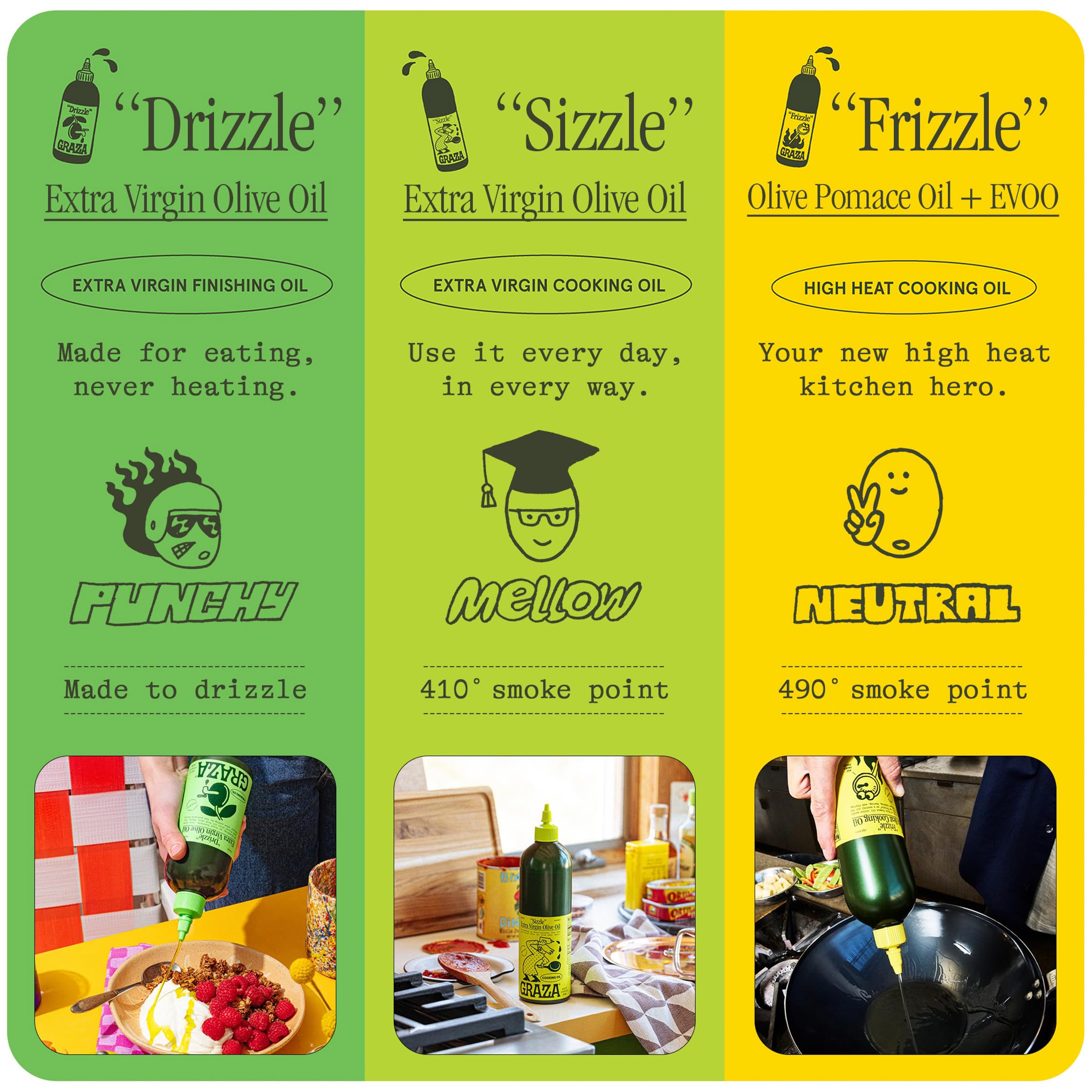Graza Drizzle oil pouring to show texture and rich color with bright peppery flavor benefit