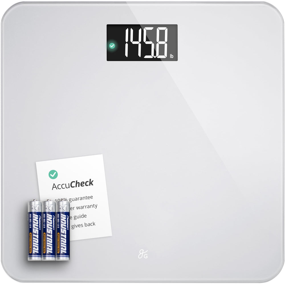 Greater Goods AccuCheck front view showing pearl gray finish and readable display for convenience