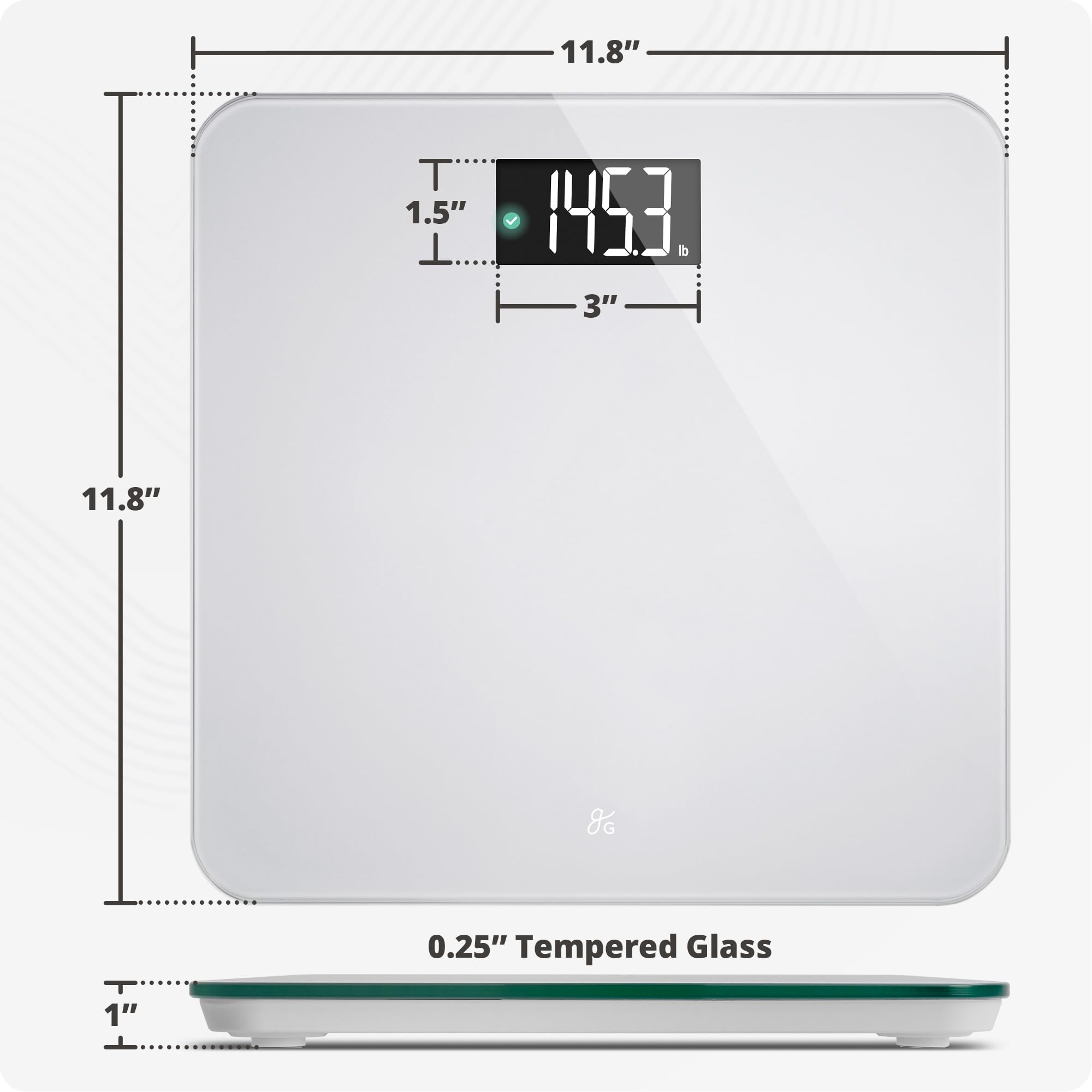 Greater Goods AccuCheck with shoe beside scale to show compact 11.8×11.8-inch footprint