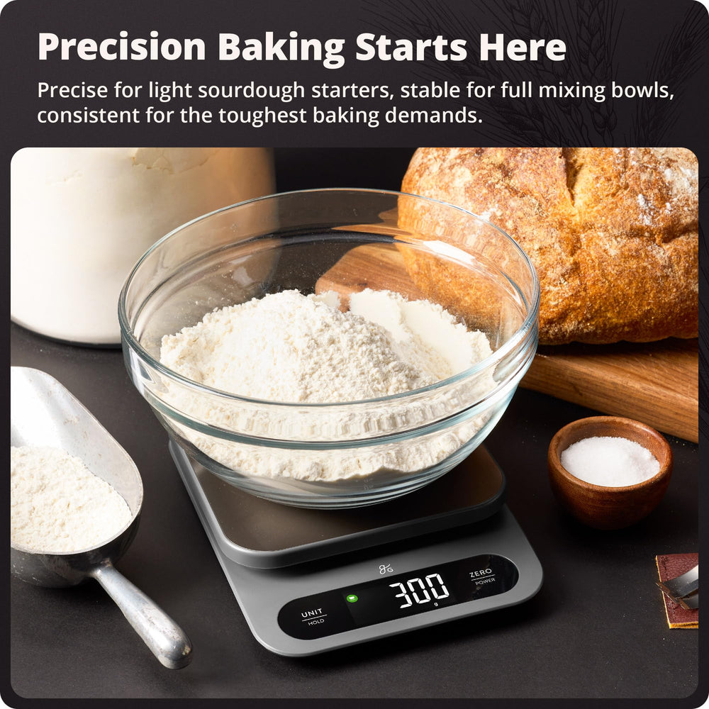 Greater Goods scale in use under a mixing bowl showing stable weighing for baking benefit