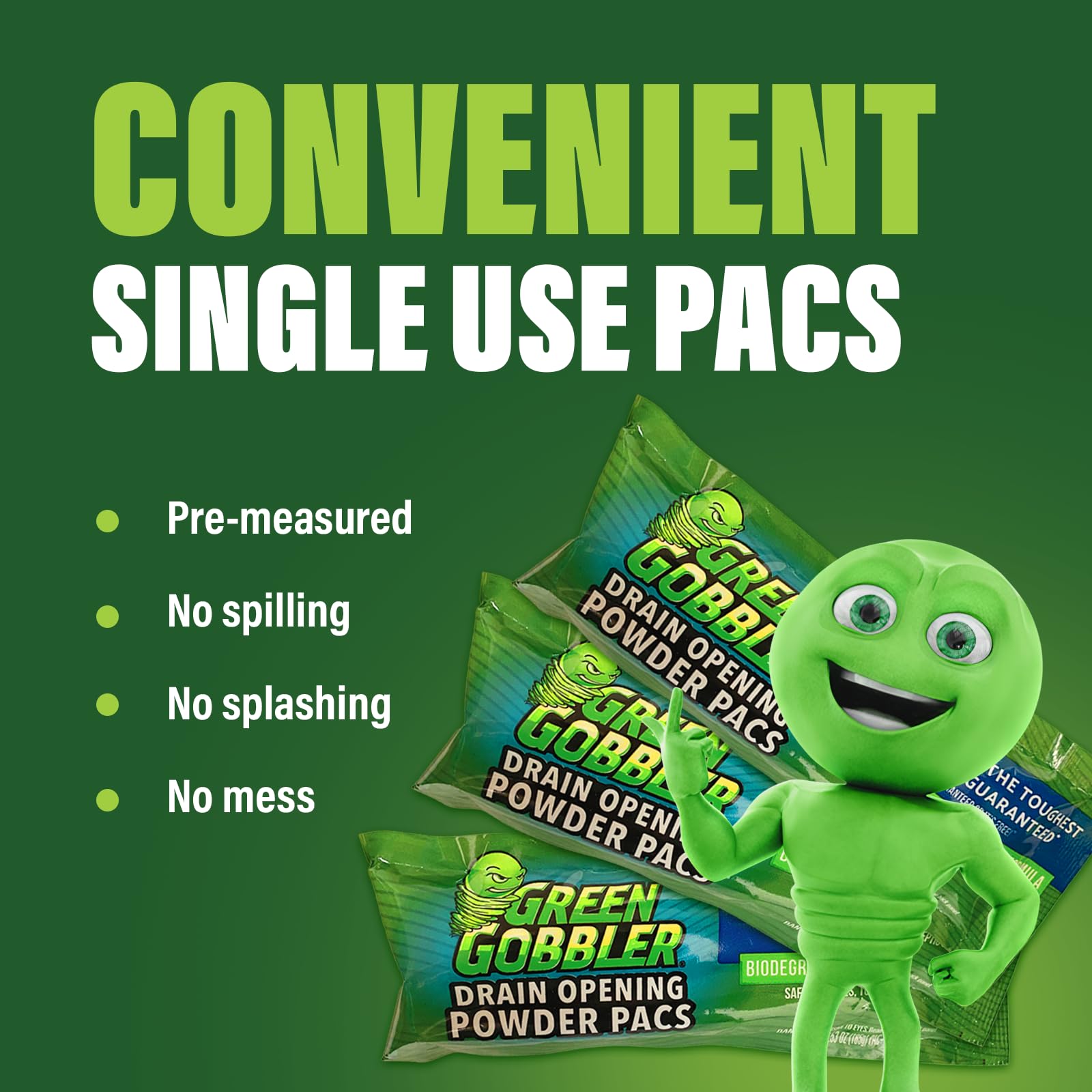 Green Gobbler individual powder packet close-up highlighting single-dose convenience and safety