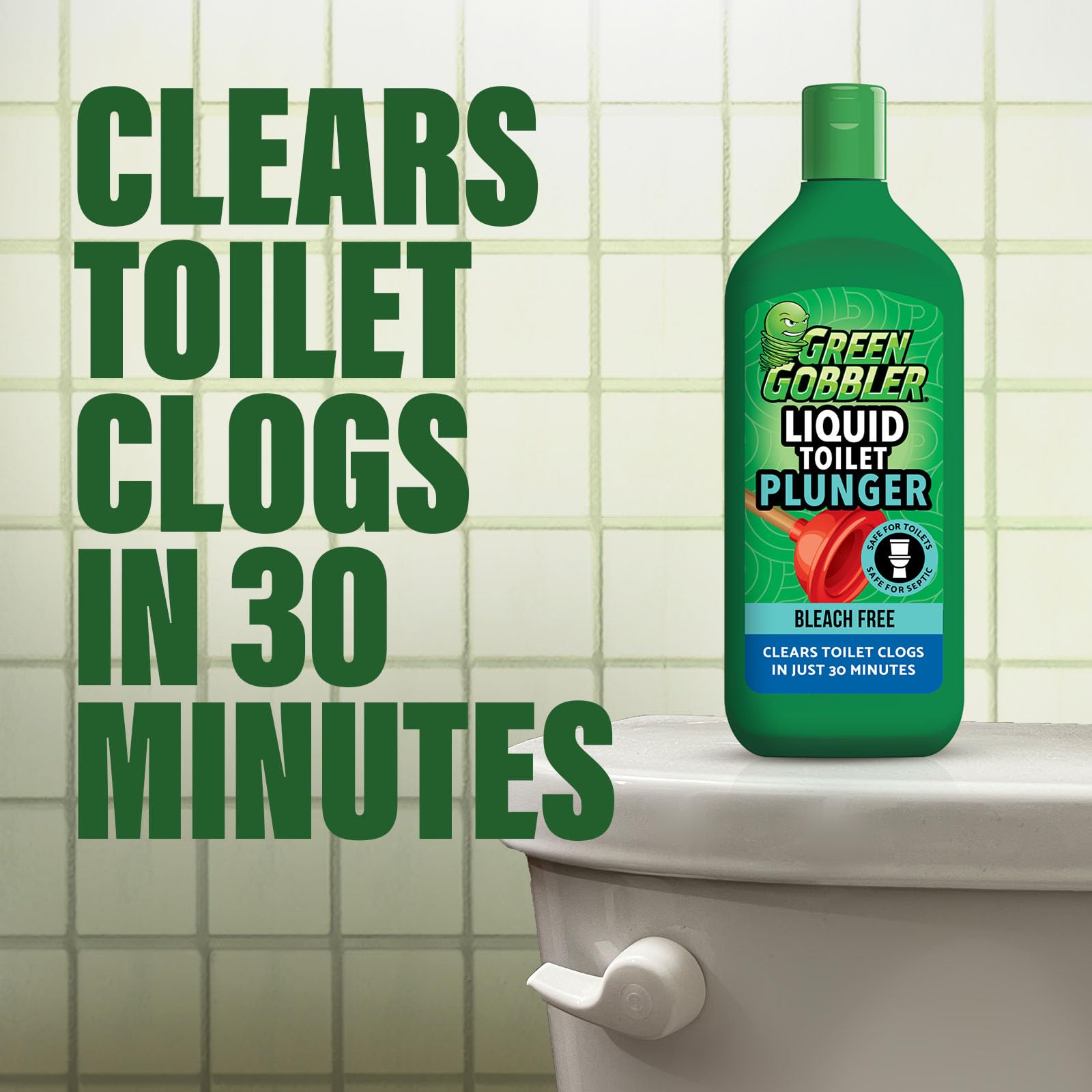 Green Gobbler being poured into toilet bowl to clear a clog quickly