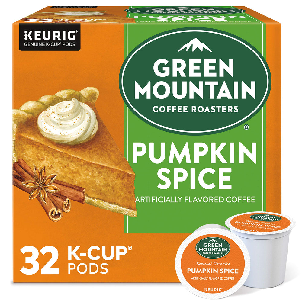 Green Mountain Coffee Roasters front box showing pumpkin spice pods and seasonal design benefit