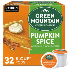 Green Mountain Coffee Roasters front box showing pumpkin spice pods and seasonal design benefit