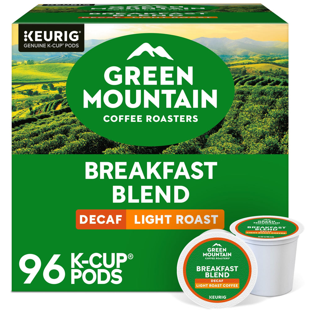 Green Mountain Coffee Roasters box front shows 96 count and benefits