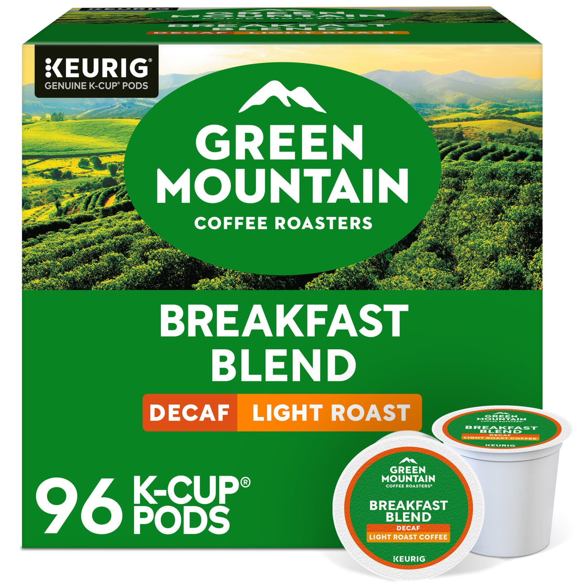 Green Mountain Coffee Roasters box front shows 96 count and benefits