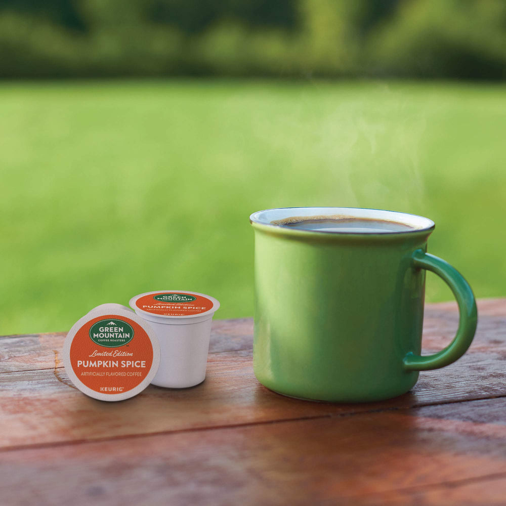 Green Mountain Coffee Roasters cozy kitchen scene with mug conveying seasonal comfort