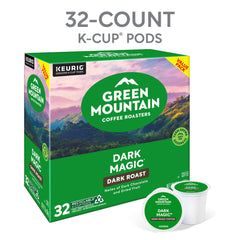 Green Mountain Coffee Roasters dark coffee pouring from pod into mug showing strong extraction benefit