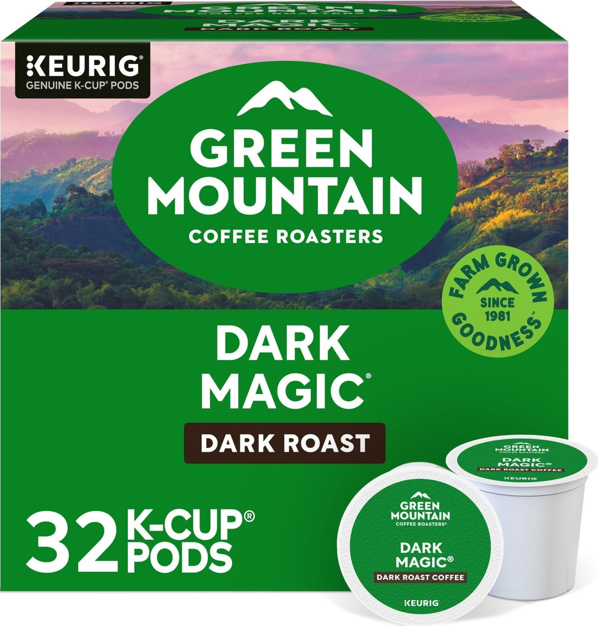 Green Mountain Coffee Roasters front pack showing 32-count and bold design benefit clarity