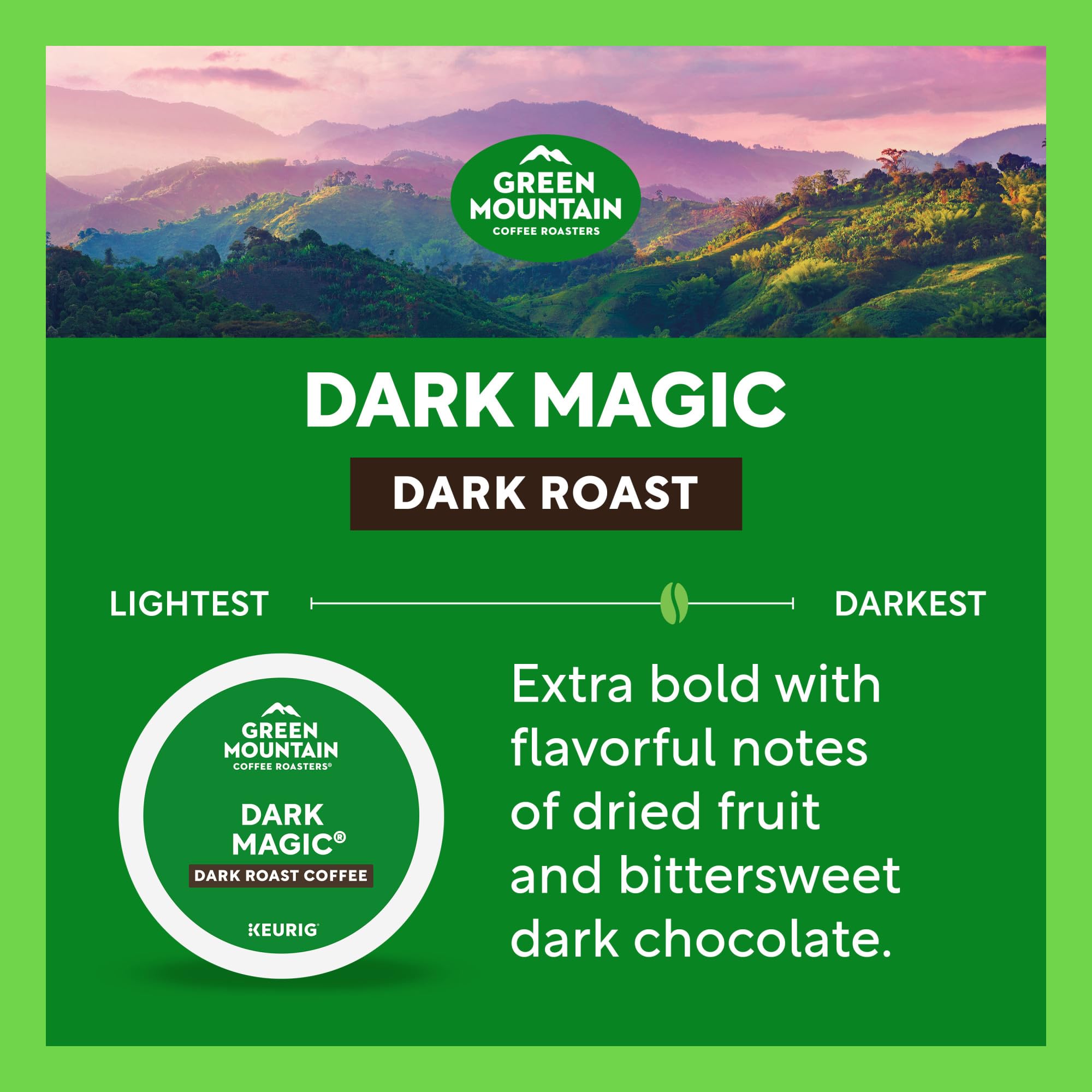 Green Mountain Coffee Roasters label detail highlighting 100% Arabica and responsibly sourced benefit