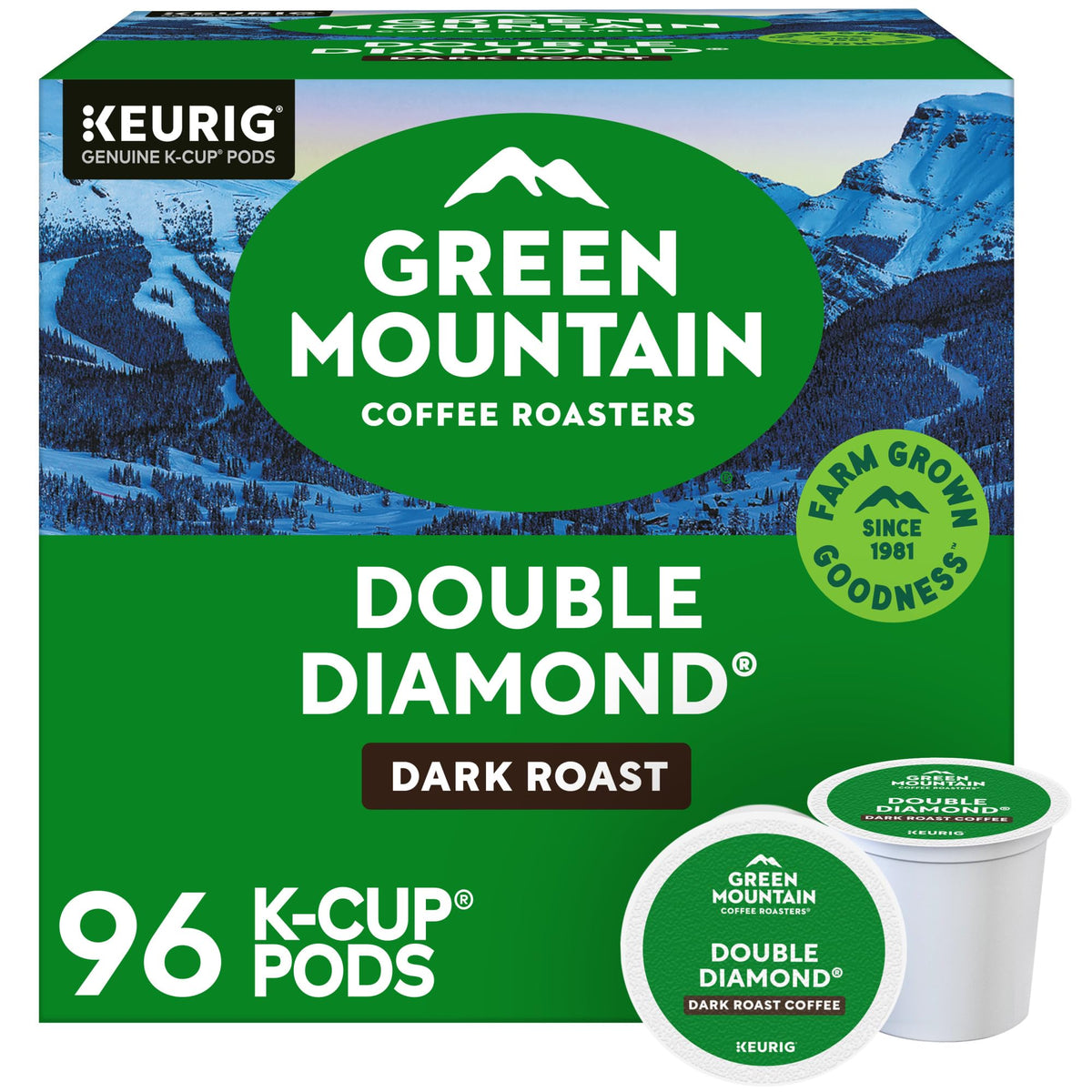 Green Mountain Coffee Roasters front packaging showing 96-count and bold roast
