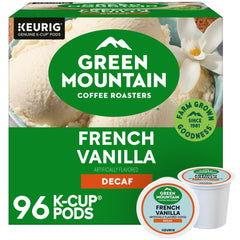 Green Mountain French Vanilla Decaf front box showing packaging and convenience