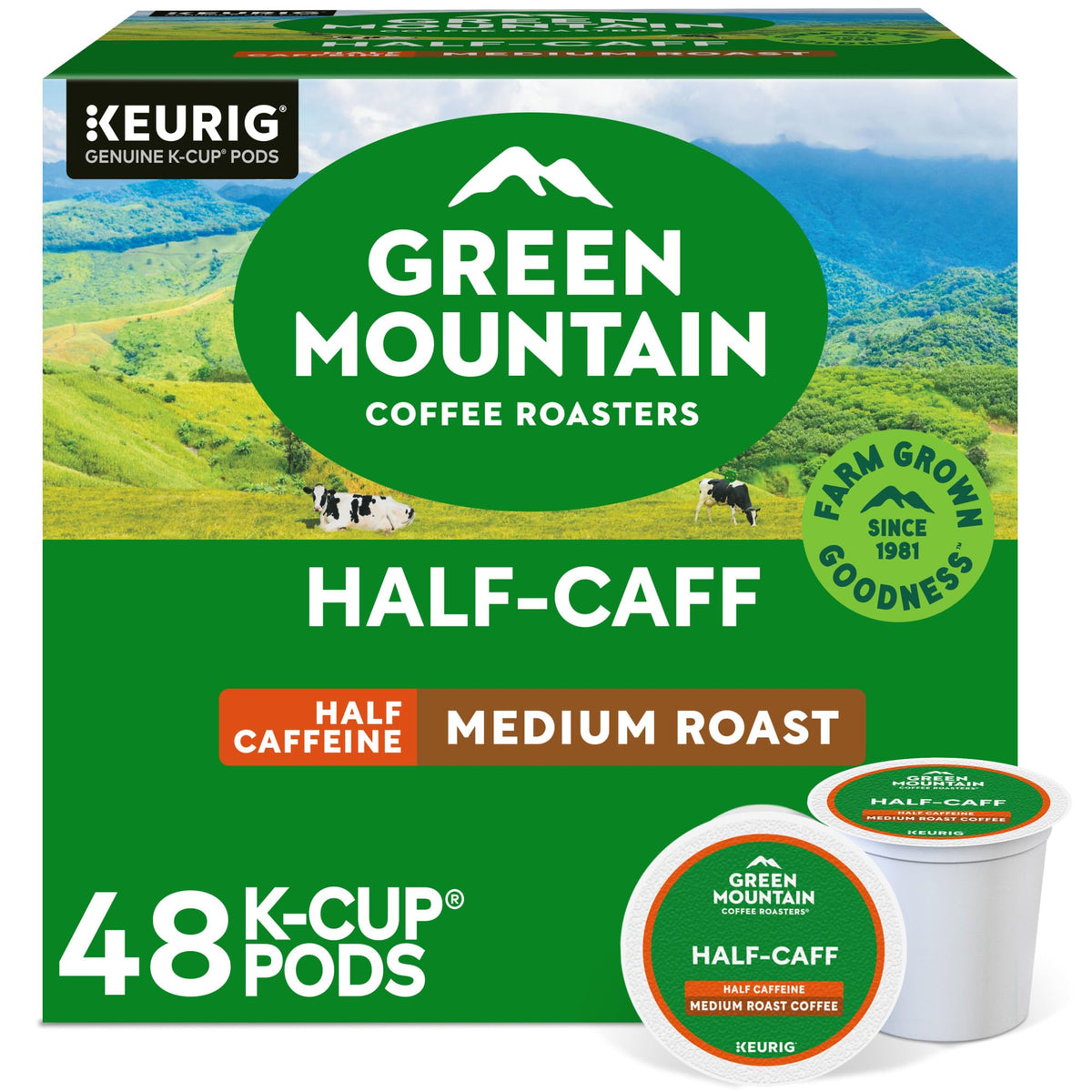 Green Mountain Coffee Roasters front packaging showing 48-count box and benefits
