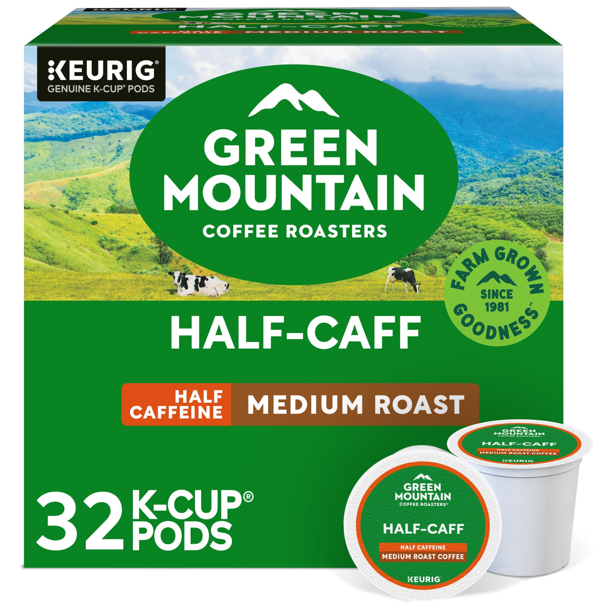 Green Mountain Coffee Roasters front packaging showing 32-count box and benefits