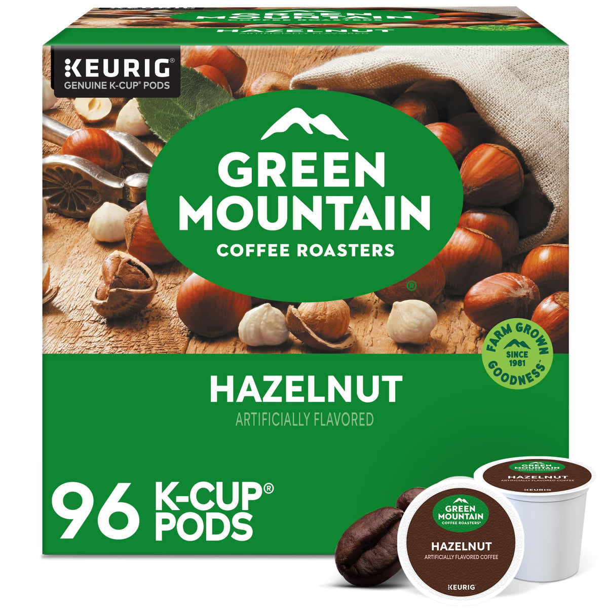 Green Mountain packaging front showing hazelnut flavor and pod count benefits