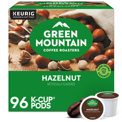 Green Mountain packaging front showing hazelnut flavor and pod count benefits