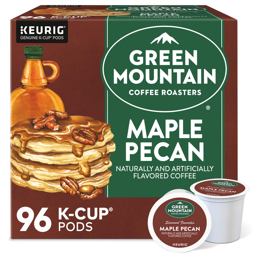 Green Mountain Coffee Roasters front box showing maple pecan flavor and 96 count convenience