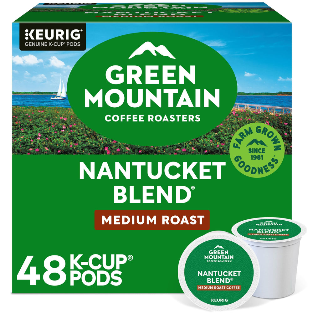 Green Mountain Coffee Roasters front packaging showing Nantucket Blend benefits