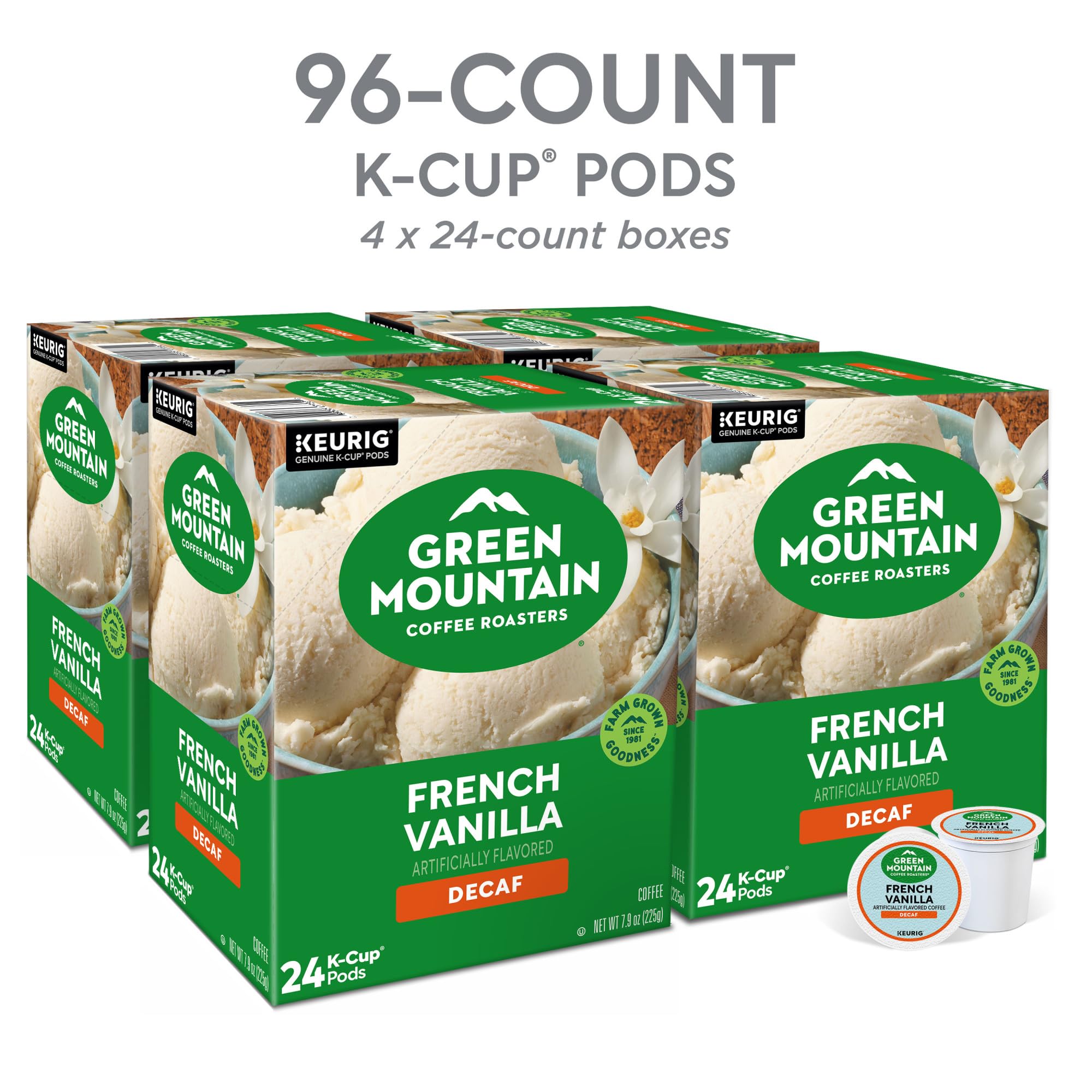 Green Mountain pod spilled grounds displaying smooth decaf coffee aroma