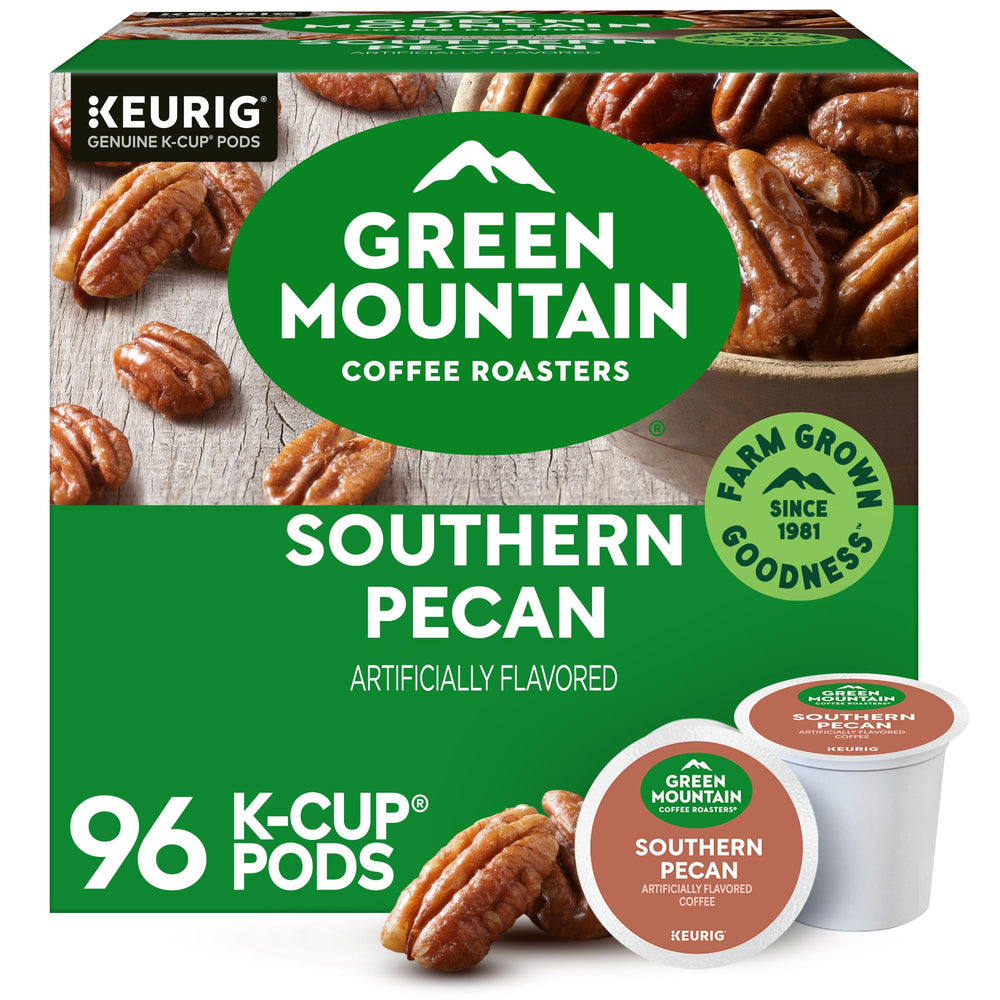 Green Mountain Coffee Roasters box front showing Southern Pecan flavor benefit convenience