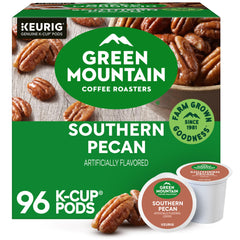 Green Mountain Coffee Roasters box front showing Southern Pecan flavor benefit convenience