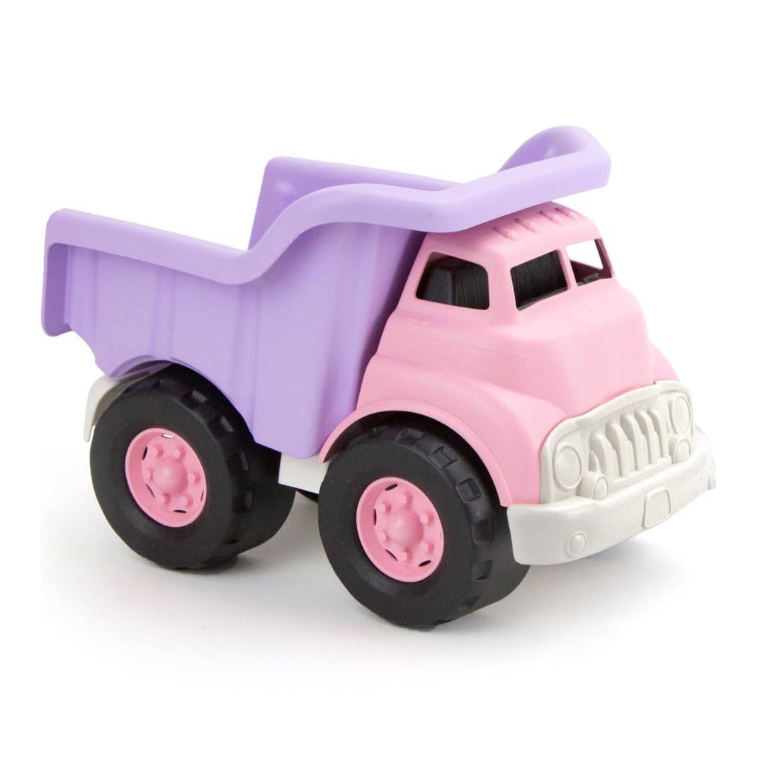 Green Toys Pink Dump Truck front view showing sturdy build and easy-grip cab for safe play