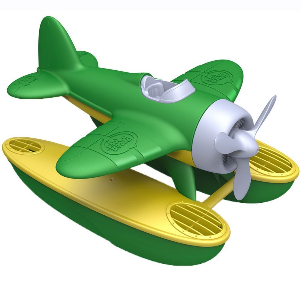 Green Toys seaplane front view showing bright colors and durable design benefit safe play
