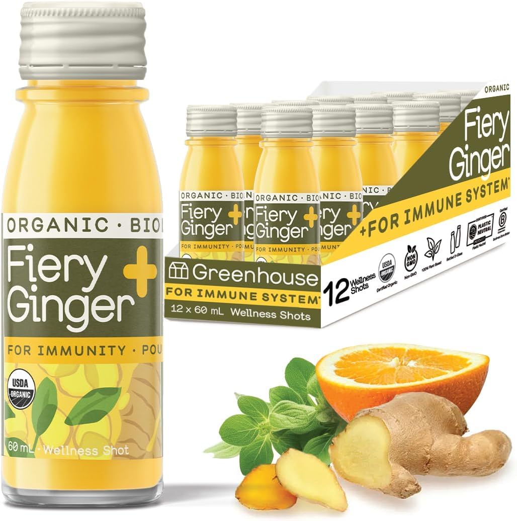 Greenhouse Juice Co. front packaging showing 12 glass wellness shot bottles, convenient travel size