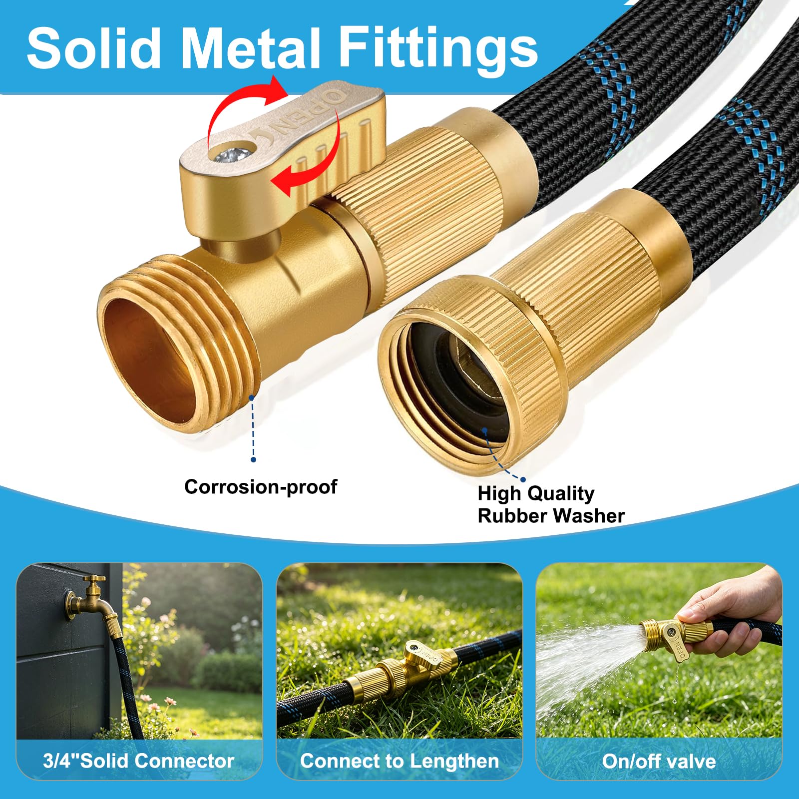 Greenient hose beside yard tools showing 50ft scale for extended reach