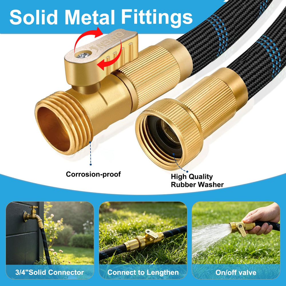 Greenient hose beside yard tools showing 50ft scale for extended reach