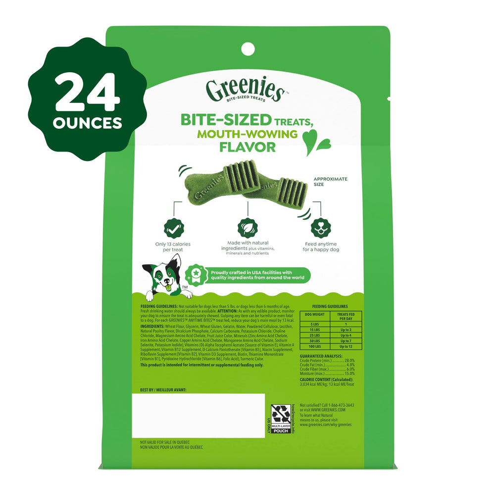 Greenies Anytime Bites bag on kitchen counter indicating everyday snack convenience