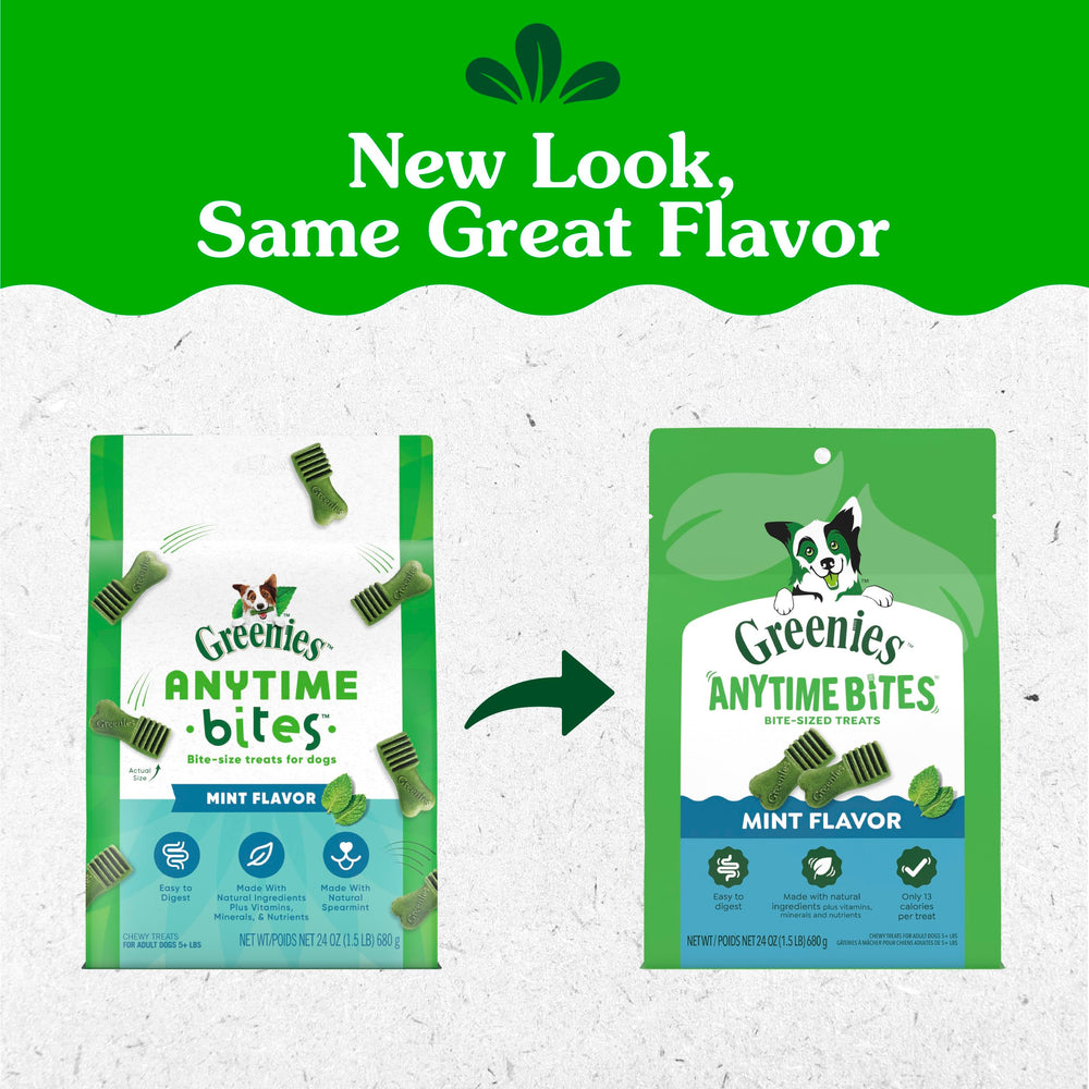 Greenies bag opened with treats visible, Greenies brand offering convenient access and freshness