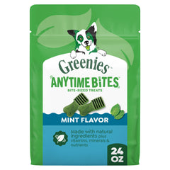 Greenies Anytime Bites front packaging shows mint flavor and 24 oz size for easy selection