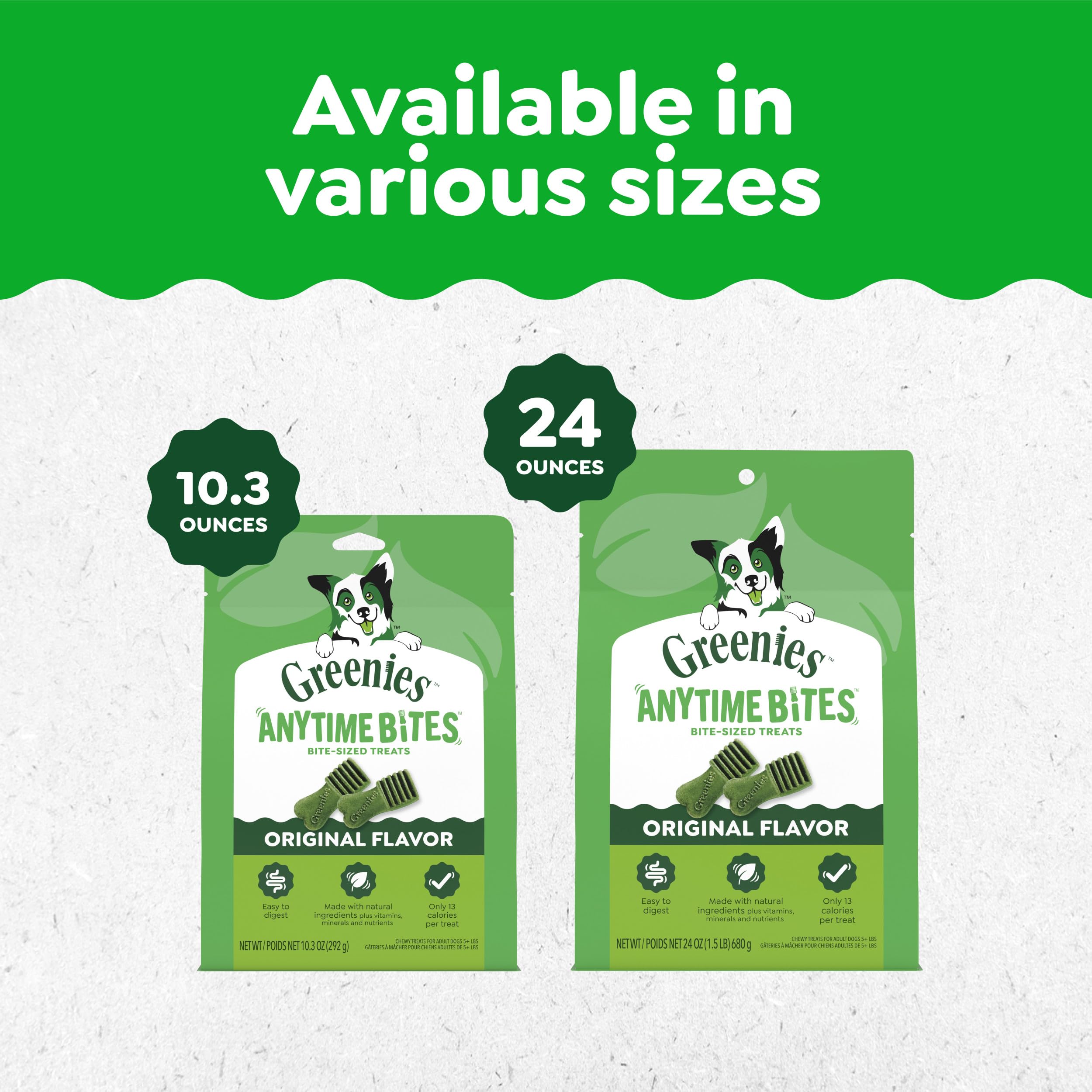 Greenies Anytime Bites ingredients label highlighting natural ingredients and nutrients
