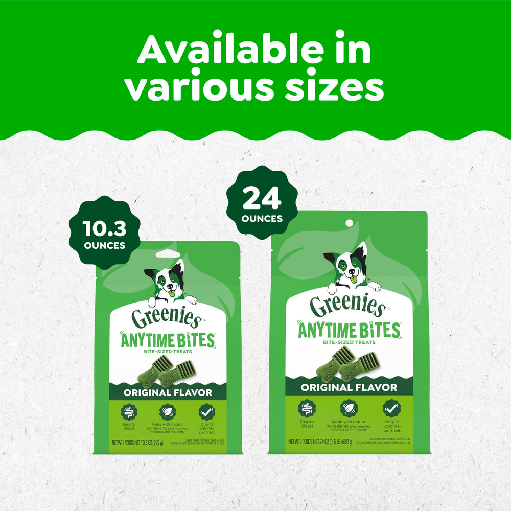 Greenies Anytime Bites ingredients label highlighting natural ingredients and nutrients