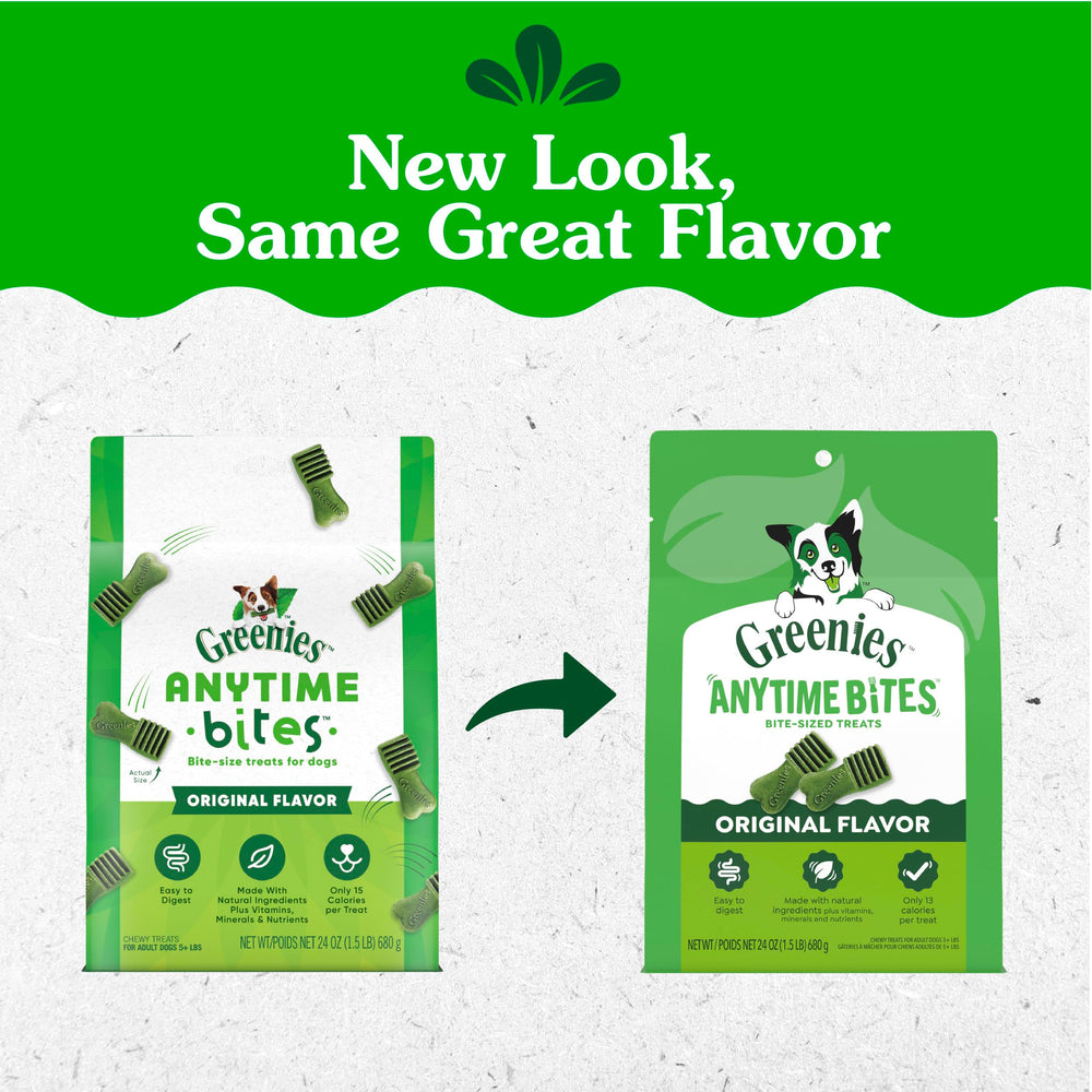 Greenies Anytime Bites open bag with visible small chewy treats for easy access