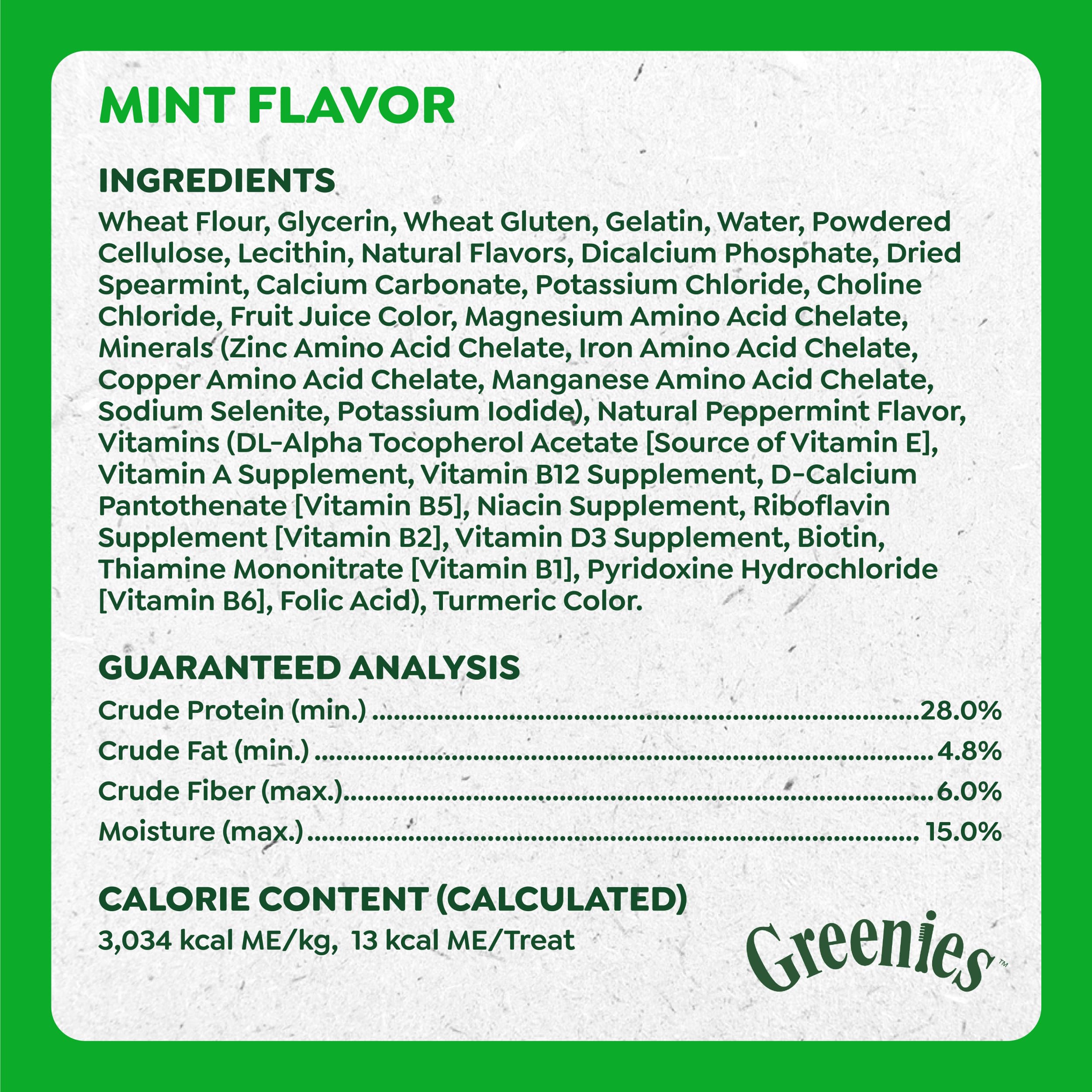 Greenies serving guide graphic illustrating 13 calories per treat for calorie-conscious owners