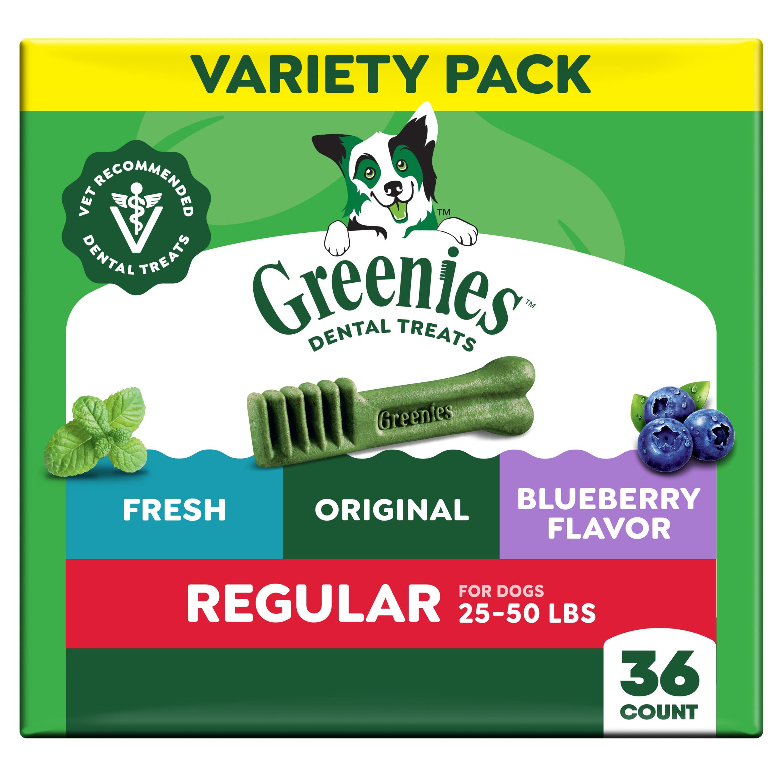 Greenies front pack 36 count showing brand and flavors for easy identification
