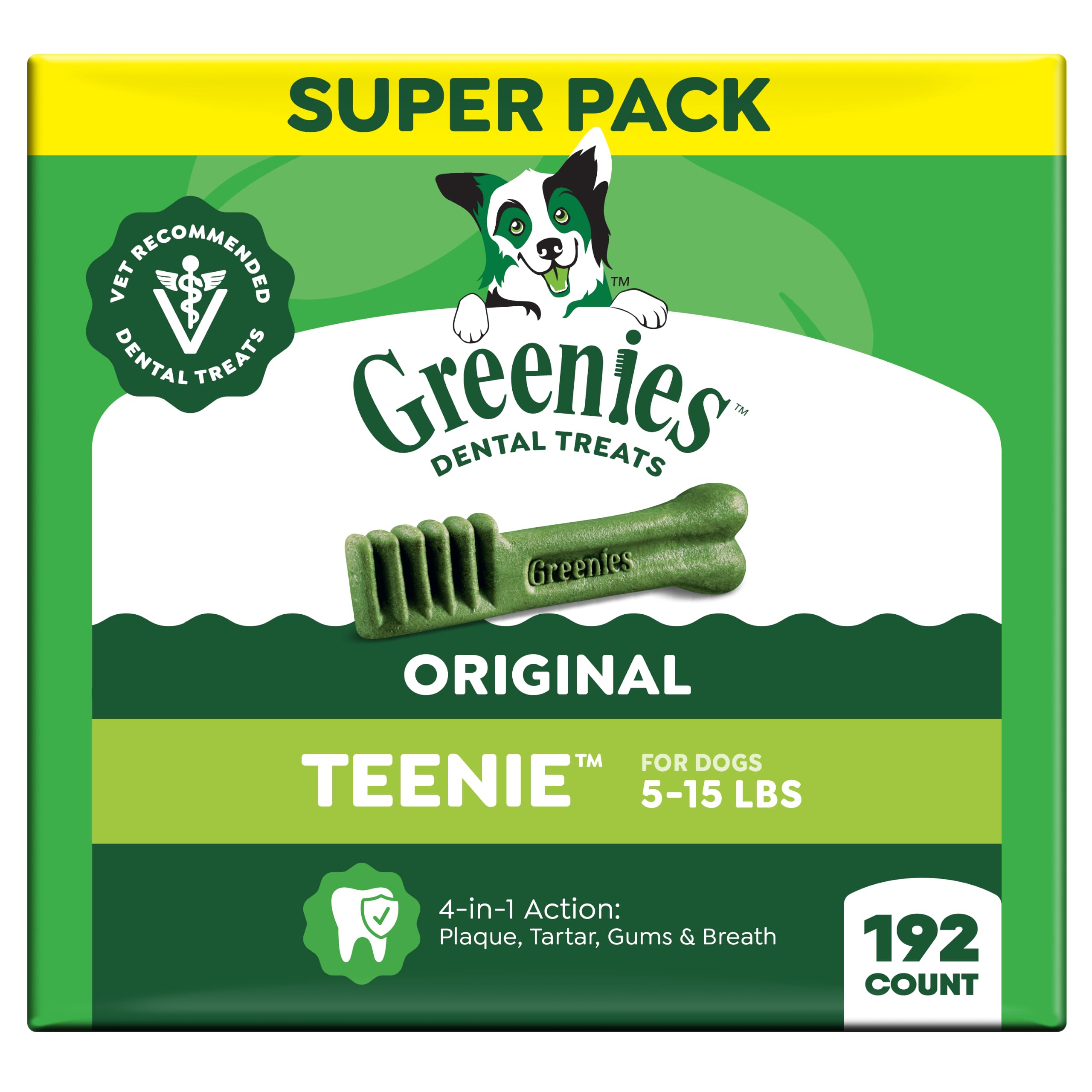 Greenies front packaging showing 192-count chicken dental chews brand benefits
