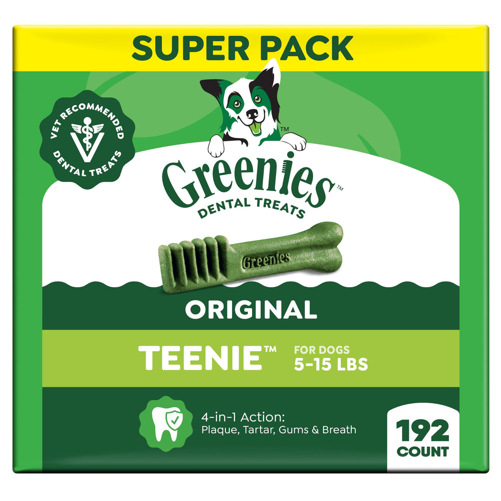 Greenies front packaging showing 192-count chicken dental chews brand benefits