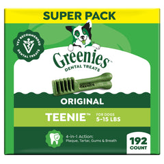 Greenies front packaging showing 192-count chicken dental chews brand benefits