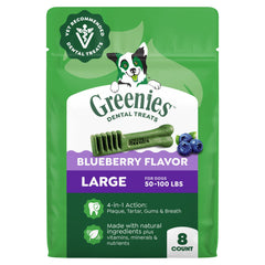 Greenies front packaging showing blueberry dental chews and count benefit