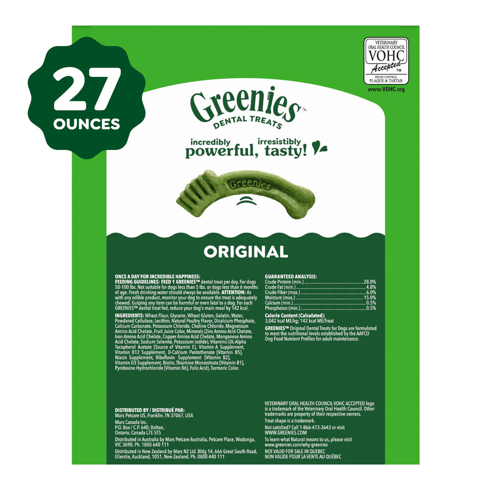 Feeding recommendation chart on Greenies bag for safe daily use benefit
