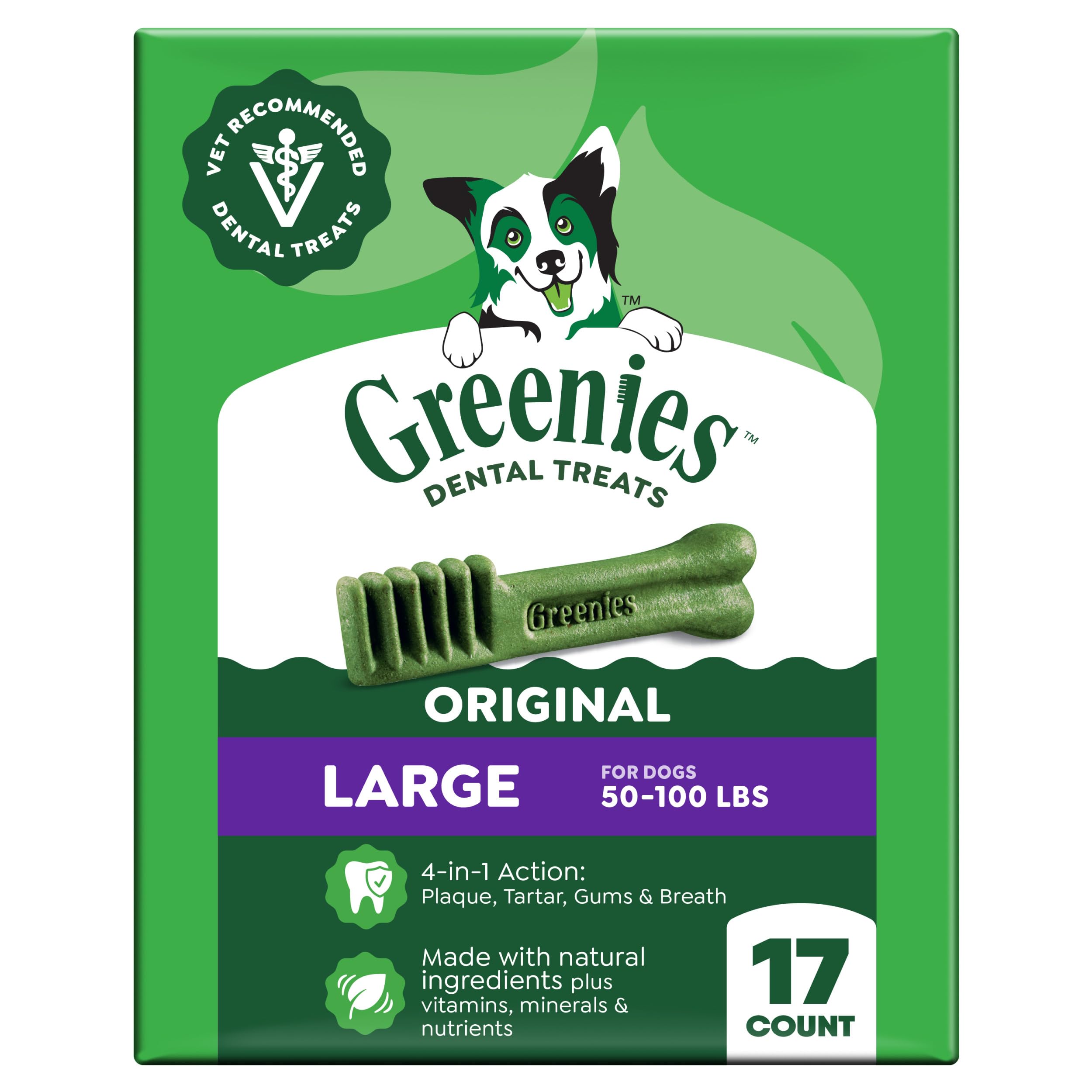 Greenies front packaging showing original flavor and large size benefit
