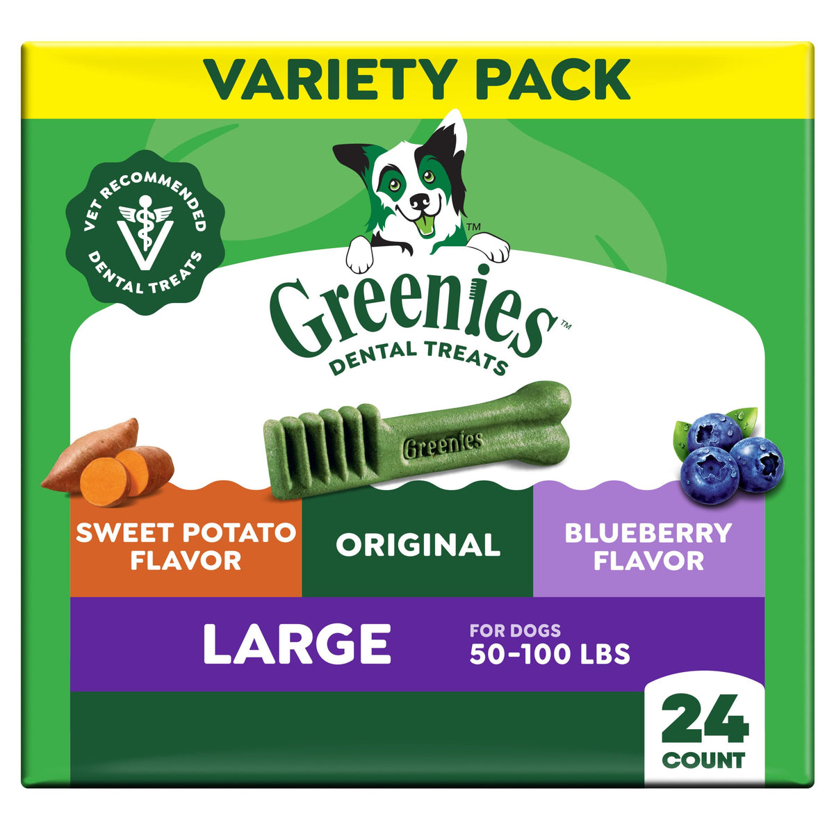 Greenies front packaging showing variety pack and benefits for oral health